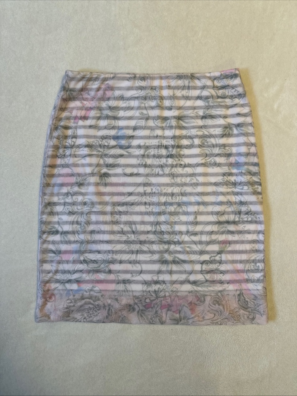 Marc Cain Pencil Skirt -Size N2 / US 6 -Gray Stripe Floral Pink Mesh Overlay Y2K